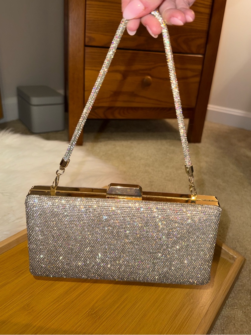 Gold Crystal Evening Clutch with Sparkling Strap